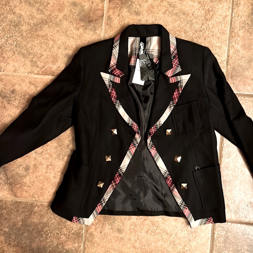 NWT Priorities black with Red plaid detailing jacket